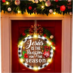 Blulu Christmas Hanging Sign Jesus Is the Reason for the Season Christmas Door Sign LED Lights Xmas Plaque Round Welcome Sign Christmas Wreath Wall Sign Front Door Decor Holiday Winter Home