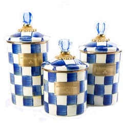 MACKENZIE-CHILDS Enamel Canister Set, Small (38 oz.), Medium (48 oz.), and Large (64 oz.) Kitchen Containers, Blue-and-White Royal Check