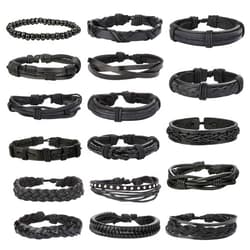 Jstyle 17Pcs Braided Leather Bracelet for Men Women Wooden Beaded Cuff Wrap Bracelet Adjustable
