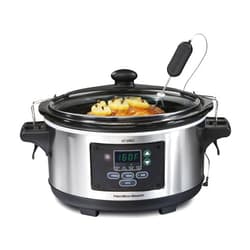 Hamilton Beach Portable 6 Quart Set & Forget Digital Programmable Slow Cooker Lock, Dishwasher Safe Crock & Lid, Temperature Probe, Stainless Steel