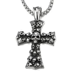 COOLSTEELANDBEYOND Mens Large Gothic Vintage Skulls Cross Pendant Necklace of Steel, Wheat Chain