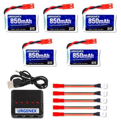 URGENEX 3.7V Lipo Battery 850mah Rechargeable Lipo with JST Plug X5 Charger for MJX Syma Holy Stone Sky Viper RC Quadcopter Drone X56W X400 X400W X300C X400C X800 HS110 HS200 S670 V950hd S1750 V2450