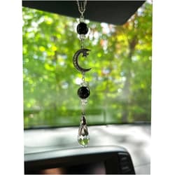 Agromusk Moon and Star Rear View Mirror Accessories,Crystal Obsidian Stone Bead Car Decor Boho Witchy Suncatcher Healing Car Charm Hanging Ornaments for Women Men