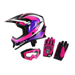XFMT DOT Youth Kids Motocross Offroad Street Dirt Bike Helmet Motorcycle ATV Full Face Helmet with Goggles Gloves, Rose Red Small