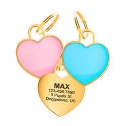 PAWNIMALS Custom Heart Shape Pet Tag ID, Personalized Gold Stainless Steel Cute Shiny Safety Lost Collar Tag for Boy & Girl Dogs Puppies Cats with Ring Laser Engraved SOS Customizable with Name, Phone, Address