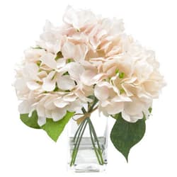 SN Decor Artificial Hydrangea Flowers Set with Clear Glass Vase, Silk Bouquet in Vase Floral Arrangement for Wedding Centerpieces DIY Décor Home Office (Peach-12”x9”)