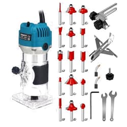 Mefape 110V Router Tool, 800W Wood Trim Router, 30000RPM Electric Hand Trimmer, Palm Router with 15x 1/4” Router Bits & 2x Trim Guides for Woodworking Tools, Adjustable Base Height w/Scale