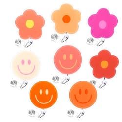 Whaline 8Pcs Flower and Smile Badge Reel with Clips and Retractable Cord Boho Retro Colors Round Nurse ID Badge Reel Name Tag Badge Holder for Back to School Office Hospital Nurse Doctor Teacher Favor