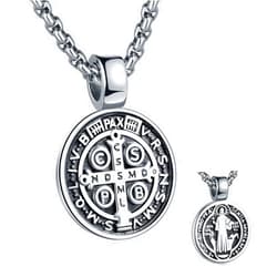 FSYAEGZA St Benedict Exorcism Medal Pendant Necklace Men's Stainless Steel Catholic Roman Patron Saint Pendant, Round Antiqued Religious Cross Protector Talisman Pendant