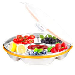 Karasmay Divided Serving Tray with Lid - Reusable Veggie Tray with Lid and Dip Snack Platter Stainless Steel 6 Compartments 10inch 60oz for Picnics,Party Platter,Snackle Box Container Fruit Trays (1)