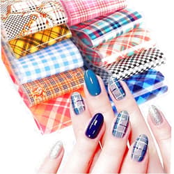 ONEUPIN 10 Sheets Buffalo Plaid Nail Stickers Decals, Nail Foil Transfer Adhesive Decals Multiple Colors Plaid Decals Foil Stickers Set for Women Manicure Tips Wraps Decorations