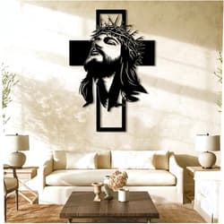 kawazu Metal Jesus Cross Wall Art, Christian Metal Wall Art, Jesus Cross Home Decor, Crosses Hanging, Large Crucifix Decorations for Church (Black, 19