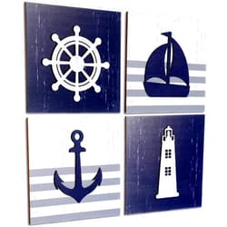 Jetec 4 Pieces Nautical Wall Decor Anchor Ship Wheel Sailboat Lighthouse Wooden Sign Rustic Beach 3D Wood Print Sign Beach Bathroom Wooden Plaque Decor Ocean Coastal Theme Ocean Decor (Dark Blue, White)