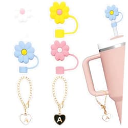 BOTIZR 2PCS Letter Charm Accessories for Stanley Cup, 4PCS 10mm Cute Flower Silicone Straw Toppers for Tumblers, Heart Shape Initial Identification Charms flower straw cover for 30&40 Oz Stanley Cups