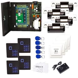 MENGQI-CONTROL 4 Doors Complete TCP/IP PIN Code RFID Card/Fob Access Control Systems with North American Standard Electric Strike for Latch Doors Keypad Reader 110V Power Supply APP Remote Open Door