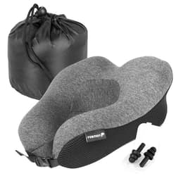 Fosmon Travel Neck Pillow with Earplugs & Storage Bag, Soft and Comfortable Memory Foam Cushion, Head & Chin Contour Support, Machine Washable 100% Cotton Cover for Traveling Flying Airplane Car Bus