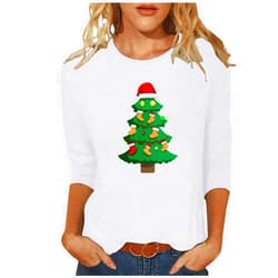 Uorcsa Christmas Shirts for Women 2024 Trendy Crewneck 3/4 Sleeve Blouses Cute Christmas Tree Printed Xmas Holiday Tunic Tops