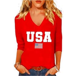 Earlymemb American Flag 3/4 Sleeve V Neck Shirt for Women 4th of July Independence Day Graphic Long Sleeve Tee Summer Patriotic Tops