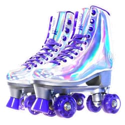 JajaHoho Roller Skates for Women, Holographic High Top PU Leather Rollerskates, Shiny Double-Row Four Wheels Quad Skates for Girls and Age 8-50 Indoor Outdoor (Silver Purple)