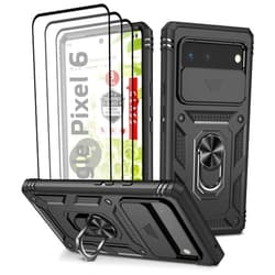 ANOUKE for Google Pixel 6 Case, Case for Pixel 6 with 3 Pcs Tempered Glass Screen Protector Built in Ring Stand Kickstand + Camera Cover, Hard PC Soft TPU Defender Full Body Protective Armor Case - Black