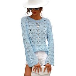 chouyatou Women's Spring Bell Sleeve Crochet Sweater Boho Hollow Out Pullover Sweater Tops Blouse