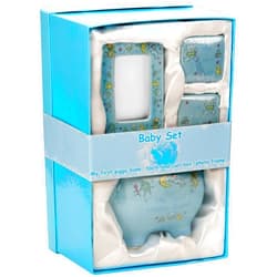 BRUBAKER My First Piggy Bank Gift Set for Baby Boy - 4 Pcs Keepsake Gift Set Includes Piggy Bank, First Curl, First Tooth and Photo Frame - Blue