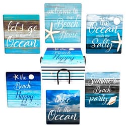 Whaline Coaster for Drinks Set of 6 Farmhouse Style Absorbent Square Coasters Summer Beach Drink Coaster Blue Ocean Party Ceramic Coaster for Mugs Cups Home Kitchen Party Supplies, 3.9 x 3.9 inch