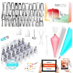 RFAQK 74 PCs Icing Piping Bags and Tips Set, Cake Decorating Kit with 48-Numbered Piping Tips, 20+1 Pastry Bags for Cookie Cupcake Cake Decoration, Cake Decorating Tips Set with Booklet and E-book