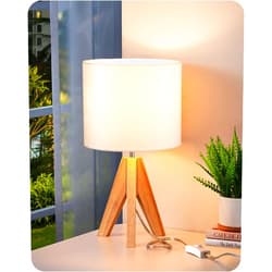 EDISHINE Small Cute Table Lamp, Wood Tripod Nightstand Lamp, Mid Century Bedside Lamp with Linen Fabric Shade for Nursery, Living Room, Bedroom, End Table, UL Listed, 14.2 Inch, ON/Off Switch