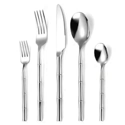 OIULO 20 Pieces Bamboo Flatware Set Silverware Set Service for 4 Stainless Steel Fine Vintage Flatware Cutlery Set with Bamboo Design Handle Forged Restaurant Hotel Party Wedding Housewarming Gift Polished