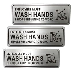 LEMBANG Metal Stainless Steel Employees Must Wash Hands Before Returning to Work Sign, With Self Adhesive,9in x 3in (3pcs)