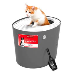 IRIS USA Large Top Entry Cat Litter Box with Lid Enclosed Covered Design Litter Catching Scatter Shield Pan Dog Proof Pet Proof Scoop Included Odor Control for Indoor Cats Kittens, Dark Gray/White