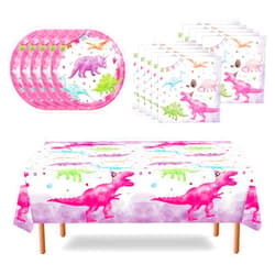 WERNNSAI Watercolor Dinosaur Party Supplies - Dinosaur Party Plates Napkins and Tablecloth for Girls Disposable Birthday Party Decorations Dessert Plates Napkins Tableware Serves 16 Guests 33 Pieces
