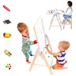 QZMTOY Kids Art Easel, Deluxe Standing Easel Set, Adjustable Art Table, Dry Erase Board&Chalkboard Double Sided Stand, 360°Rotating Drawing Easels with Art Supplies, Adjust Height 28-39in