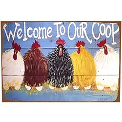 J.DXHY Chicken Metal Tin Sign,Welcome to Our Coop,Metal Wall Panel Retro Art Decoration for Farm Village Home Club Cabin Garage Store Bar Cafe Farm 8x12 Inch