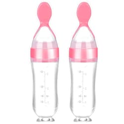 Nuanchu 2 Pieces Baby Spoon Feeder Squeeze Food Toddler Food Dispensing Spoon Suction Cup Design Feeder for Baby Toddlers Boys Girl(Pink)
