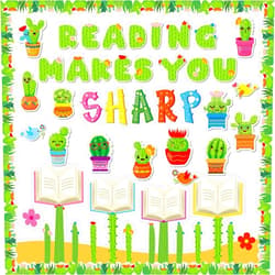 gisgfim Cactus Reading Bulletin Board Decorations Set Classroom Cactus Bulletin Board Border Cutout Reading Makes You Sharp Bulletin Board Craft School Library Home Wall Decor Back to School Supplies