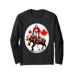 Dudes Being Dudes Designs Maple Leaf Moose - Hilarious Hockey Player Riding Moose Long Sleeve T-Shirt