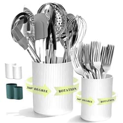 HOMQUEN 360° Rotating Utensil Holder, 6.3''+4.7'' Plastic Kitchen Utensil Holder for Countertop, Large Cooking Utensil Crocks for Kitchen Decor, Utensil Organizer for Spatula, Set of 2 (White)
