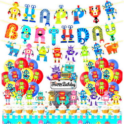 IPartyFun Robot Birthday Party Decorations Robot Happy Birthday Banners Robot Cupcake Toppers Robot Cake Toppers Balloons Tablecloth for Birthday for Boys Gear Robot Party Supplies