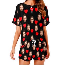 Artsadd Custom Short Pajamas Set With Photo, Women Personalized Lounge Set, Funny Face Printed Sleepwear, Soft Tracksuit Gift