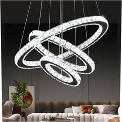 Buccleuch Modern Crystal Chandelier, Dimmable LED Pendant Light Fixture 3-Ring Adjustable Stainless Steel Ceiling Light, Silver Crystal Chandeliers for Dining Room, Bedroom, Living Room - ETL Listed