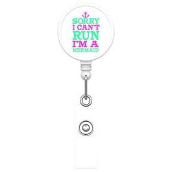 DistinctInk Funny Custom Printed Retractable Badge Reel Name Badge Holder – Durable Nursing ID Badge Reel for Schools Hospitals Businesses - Sorry I Can't Run I'm a Mermaid