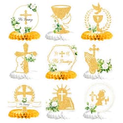 Calarjeta Mi Bautizo Honeycomb Centerpieces, Baptism Party Decor, First Communion Table Decorations, Christening Table Centerpieces, Baby Shower 1st Birthday Party Decorations, 9PCS
