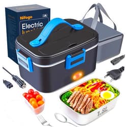 Nifogo Electric Lunch Box for Adults 80W Portable Heated Lunch Box for Men 3 in 1 Portable Food Warmer 110V/12V/24V with 1,8L Removable Stainless Steel Container & Bag(Blue)