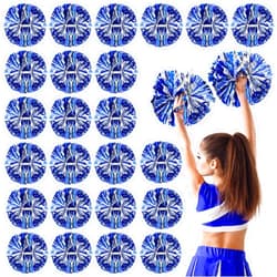 Yunsailing 24 Pack Cheerleading Pom Poms with Baton Handle 14.5 Inch Metallic Cheering Squad Pompoms for Team Sports Football Dance Cheering Kids Adults (Blue and Silver)