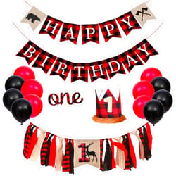 PRATYUS Lumberjack Party Decorations, First Party Supplies with Buffalo Plaid Birthday Banner, Highchair Banner, 1st Crown Hat, Cake Topper, Balloons for Kids Baby Shower Wild One Camping Party Events