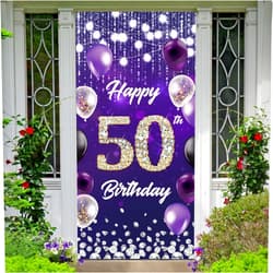 BECKTEN Happy 50th Birthday Backdrop Banner Purple Theme Background with Shiny Diamond Noble Elegant Birthday Party Photo Photography Prop Booth Door Background for Men Women Celebration 35.4x72.8in-BECKTEN