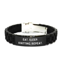 Generic Knitting Enthusiast Gifts for Him Funny Eat Sleep Knitting Repeat Adjustable Glidelock Clasp Black Silicone and Stainless Steel Pendant Necklace Perfect Father's Day Presents from Mom for Dad