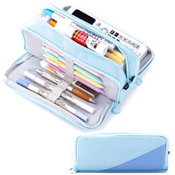 CICIMELON Big Capacity Pencil Case 3 Compartments Pen Pouch Bag Multifunctional Organizer for School Office, Light Blue